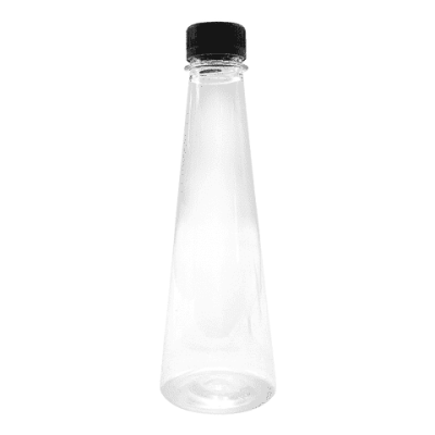 Chai nhựa PET trong suốt, nắp đen, dáng chai hình tam giác
