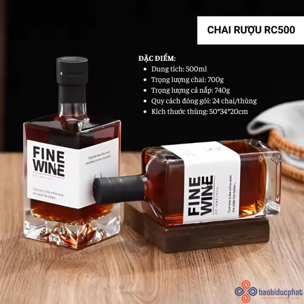 Chai thủy tinh vuông đựng rượu RC500 đựng rượu cao cấp