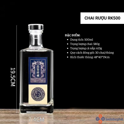 Chai thủy tinh đựng rượu RK500 sang trọng vai vuông dung tích 500ml