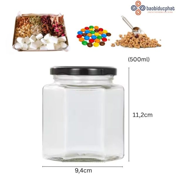 Hũ thủy tinh đựng bánh kẹo dáng lục giác 500ml