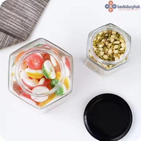 Hũ thủy tinh đựng bánh kẹo dáng lục giác 500ml