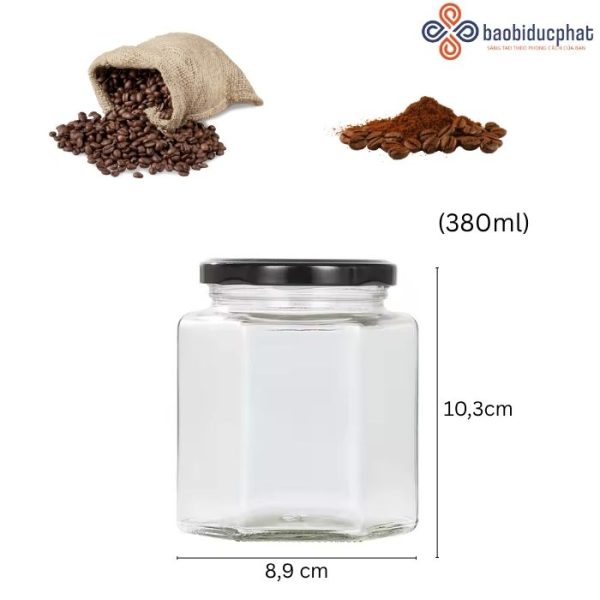 Hũ thủy tinh lục giác đựng cà phê 380ml
